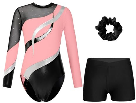 Oyolan Mädchen Kinder Gymnastikanzug Turnanzug Glitzernde Gymnastikbody Langarm Turntrikot mit Kurze Hose Tanzkostüm Pink Schwarz B 146-152