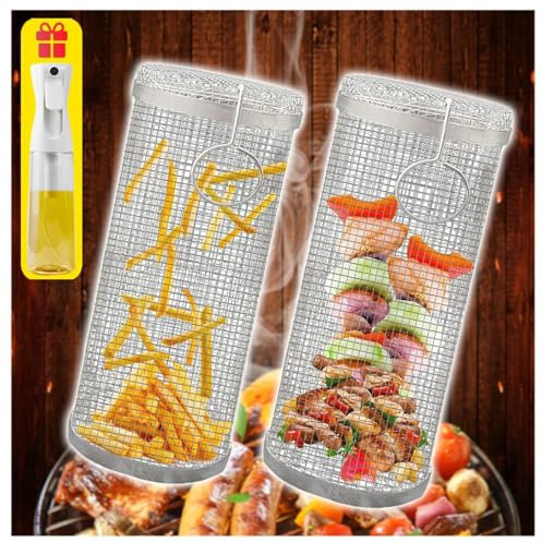 Parrilla Barbacoa Acero Inoxidable, Ccesorios Barbacoa De Obra Plancha Barbacoa, Cesta Para Verduras Para Todo Tipo De Barbacoas (Viene Con Un Rociador De Aceite De 300ml),2pcs