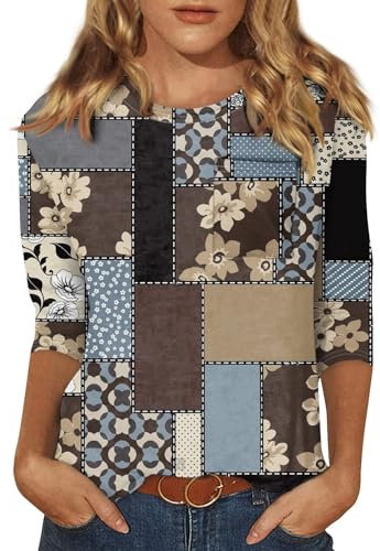 YunYoud Dirndl Bluse Olymp Hemd Damen Hemd Rundhals Musterdruck Dreiviertelarm Shirt Mit Brusttasche Leichte Tunika Bluse Trachtenbluse Festliche Oberteile Papa Shirt (Light Brown, L)