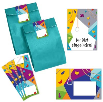 Minkocards 12 Einladungskarten zum Kindergeburtstag Klettern Bouldern Mädchen Jungen Einladung Jungsgeburtstag Mädchengeburtstag incl. 12 Umschläge, 12 Partytüten/petrol, 12 Aufkleber
