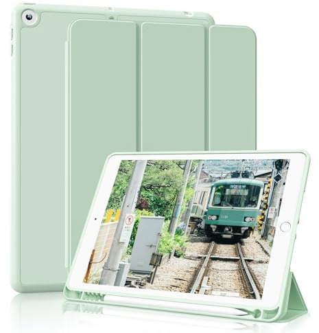 GKABXY Étui pour iPad 9e/8e/7e génération 2021/2020/2019 10,2 Pouces avec Porte-Crayon, Dos en TPU Souple et Support de Protection à Trois Volets, Auto Wake/Sleep pour iPad 10.2 Pouces, Vert