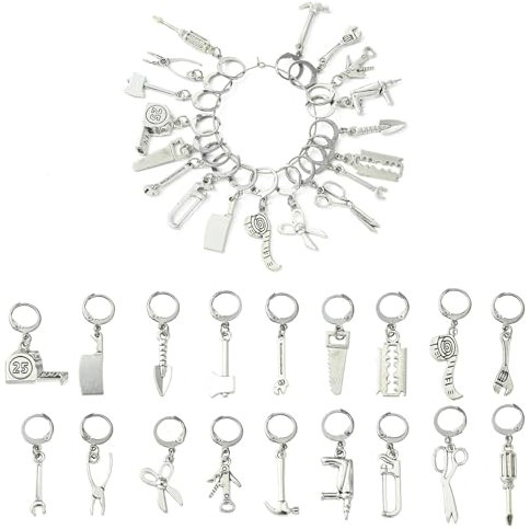 Ipotkitt 18 Pcs 18 Styles Vintage Home Tool Stitch Markers Scissors Axe Knife Metal Charms Antique Silver Locking Markers for Knitting Backpack Jewellery Making