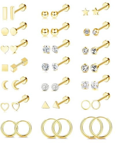 FIOROYAL 21 Paar Ohrstecker Set Kreolen Creolen für Damen Herren Hypoallergen Edelstahl Knorpel Helix Piercing Ohrstecker Silber Medizinische Ohrstecker Zirkonia Flat Piercing Ohr Ohrringe Gold
