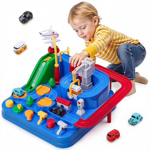 Qivange Auto Abenteuer Spielzeug, Auto Spielzeug Rennstrecken ab 3 4 5 6 Jahre Jungen Mädchen, Track Cars Toys enthält 4 Spielzeugautos, Kinderspielzeug für Weihnachten Geburtstagsgeschenk