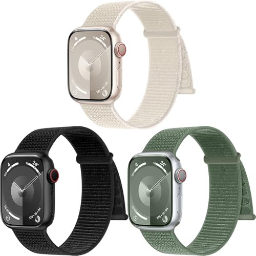 PIOWNN 3 Pezzi Nylon Cinturini Compatibile con Cinturino Apple Watch 40mm 41mm 38mm 42mm 44mm 45mm 46mm 49mm Donna Uomo, Cinturino Sportivo Loop Velcro per iWatch SE Series 10 9 8 7 6 5 4 3 2 1 Ultra