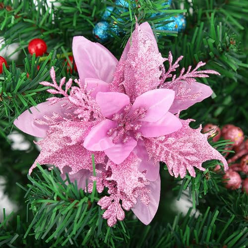 Anevous 30 Stück Simulierte Weihnachten Blumen, Glitzer Künstliche Weihnachtsstern, Deko Blumen Weihnachten Weihnachtsblumen Deko für Weihnachtsbaum, Hochzeit, Ornamente,Rosa