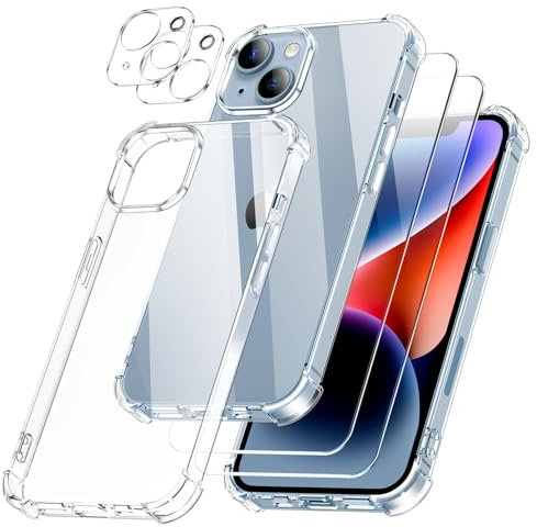 SOGUDE 5 en 1 Coque pour iPhone 14 avec 2 Verre Trempé et 2 Caméra Protecteur, Étui de Protection Antichoc avec Coussin d'air Intégré Mince Bumper Housse- Transparente