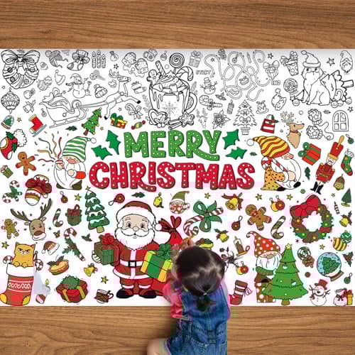 PEUTIER Noël Affiche Géante à Colorier avec 12 Stylos Peinture, 110x80cm Merry Christmas Grande Bannière à Colorier Nappe Bricolage Noël pour Enfants Fournitures de Fête Activités de Vacances