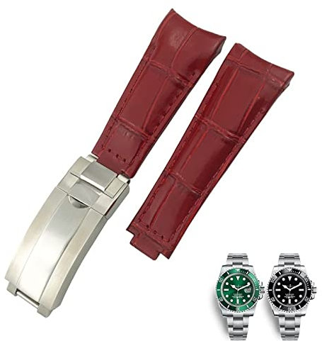 ORKDFJ 20mm Curved End Watchbands Leather Strap Fit for Rolex 116610 Submariner Oyster GMT Daytona Slide Lock Buckle Cowhide Bracelets(Red,20mm)