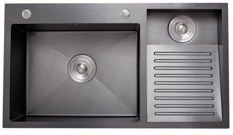 Fregadero De Uso General Negro SUS, Con Superficie De Partículas, Fregadero De Lavandería Plateado, Con Tabla De Lavar Integrada, Piscina De Lavado De Doble Tazón Para El Hogar(Black-B,80x48x22cm)