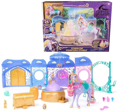 Unicorn Academy - Stall Spielset 90 cm inkl. Brunnen mit Licht- und Soundeffekten, ca. 12 cm großem Einhorn und 24 Accessoires, Original Spielset zur beliebten Netflix Serie, für Kinder ab 4 Jahren