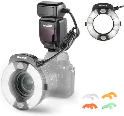 Neewer RF1-N Marco Ring Flash Lumineux Compatible avec Appareil Photo Nikon, 76 W GN15 5600 K TTL éclairage 1-1/128 Sortie Rideau Avant/arrière Gel de Couleur synchronisé, Anneaux adaptateurs