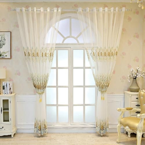 Wycian Boho Deko Outdoor Ösenvorhang Creme Beige Voile 2er Pack Blumen Bestickt H274 x B137 cm (2er Pack) Polyester