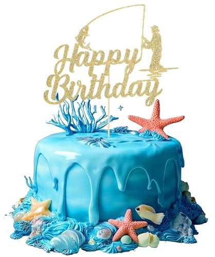 Gold Fishing Cake Topper, Fisherman Happy Birthday Fish Cake Toppers, Fishing Birthday Party Decorations, Outdoor Fishing Cupcake Happy Birth Topper for Boy Men