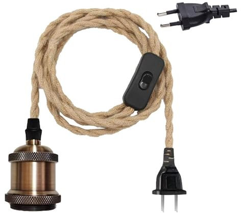 Mengjay Lámpara Cuerda Colgante Vintage,E27 Portalámparas con Enchufe y Interruptor,Cáñamo Lámparas de Techo,Cable de luz Colgante Decoración Iluminación para Salón (Bronze)