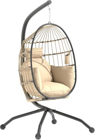Outsunny Fauteuil Suspendu Fauteuil Oeuf Suspendu Panier Pliable Kaki | Chaise Hamac Balançoire, Coussin Rembourré, Oreiller, Porte-gobelet, pour Intérieur et Extérieur