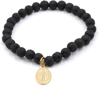 MARARDI Armband aus Natürlicher Vulkangesteinslava und Charm Jungfrau Madonna 6mm - Positive Energie, Emotionale Balance und Stressabbau, Verstellbar, Herren und Damen