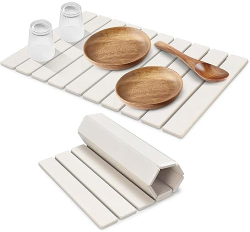 Tapis de séchage en pierre pour comptoir de cuisine, Tapis de séchage instantané egouttoir diatomite, tapis de séchage pliable et super absorbant pour Vaisselle et Tasses (Blanc, 60*39cm)