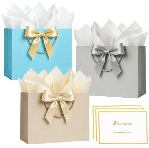3 Stück mittelgroße Geschenktaschen für Geschenke 20 x 10 x 28 cm, gemischte mittelgroße Geschenktüten mit Griff, 6 Seidenpapiere und 3 Karten, Schleifenbänder, Partytüten für Geburtstag, Brautjungfer