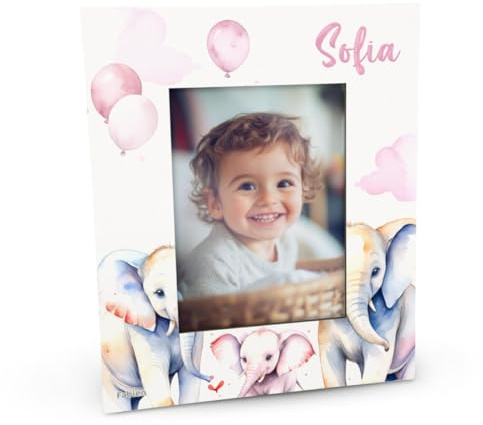 Albalù Cornice Foto Personalizzata - Tema Elefantini e Palloncini - Portafoto in Legno con Nome per Bambini - Idea Regalo Bimbo e Bimba - ROSA 10X15 cm