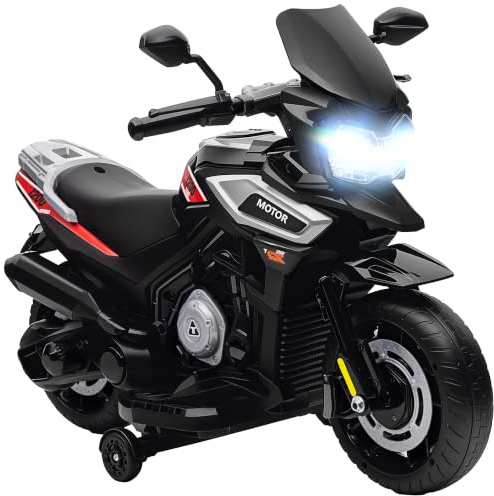 AIYAPLAY Elektro Motorrad Kinder 6V mit 2 Hilfsrädern Soft-Start Schwarz | Elektromotorrad, Kindermotorrad, Beleuchtung, Musik, bis zu 2,4 km/h, für Kinder von 1,5-3 Jahren