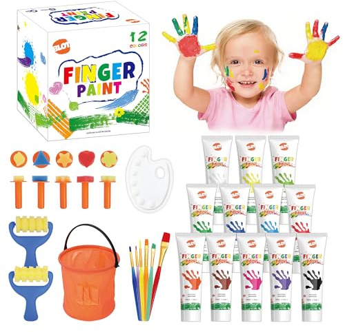 BLOT Fingerfarben Set 12 Farben 36ml mit Stempel Pinsel Palette | 7 Schwamm-Stempel, 6 Pinsel, Palette & Eimer, 12 Farben, 36ml, Ab 3+