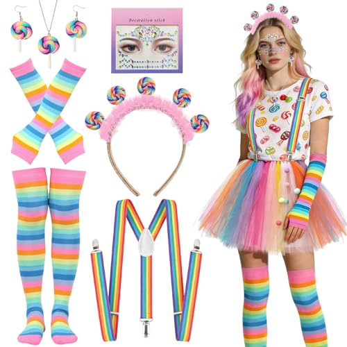 LIZANQU 7 Stück Lollipop Kostüm Damen, Bonbon Kostüm Damen, mit Fingerlose Handschuhe Hohe Socken Candy Lollipop Haarreif Ohrringe Halskette, Y-Back-Hosenträgern, für Karneval Halloween Cosplay