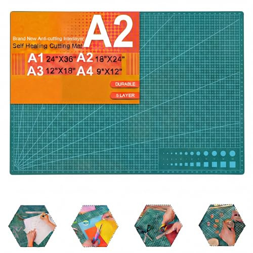 THMINS Self-Healing Sewing Mat, 1824, 5-Ply Double-Sided Rotating Cutting Mat for Precision Sewing, Fabric Cutting, Crafts and Scrapbooking, A2, Green