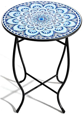 Hyner Runder Beistelltisch mit blauem Mosaikrand, Gartentisch, Bistrotisch, Couchtisch, Metalltisch, Blumenständer, geeignet für Wohnzimmer, Büro und Garten
