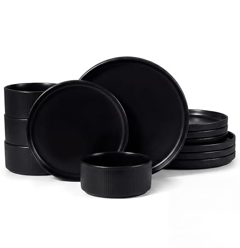 HaWare Dinner Set, 12 PCS Stoneware Plates and Bowls Set, Matte Black | Reactive Glaze Dinnerware Sets, Vertical Stripe Edge Design, Chip and Scratch Resistant, Dishwasher & Microwave & Oven Safe