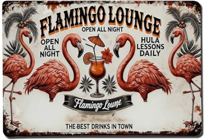 Flamingo Lounge Tropisches Cocktail-Design, Retro-Blechschild, Vintage-Metallschild, Wanddekoration für Zuhause, Bar, Café, Metallposter, 20,3 x 30,5 cm