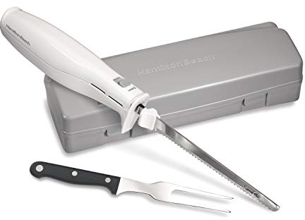 Hamilton Beach Electric Knife Set for Carving Meats, Poultry, Bread, Crafting Foam & More, Reciprocating Serrated Stainless Steel Blades, Ergonomic Design Storage Case + Fork Included, 5Ft Cord, White