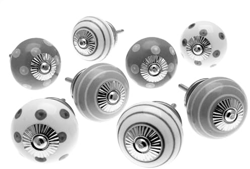 Mango Tree Cupboard Knobs - Decorative Whisper Grey and White with Dots, Spots and Stripes Ceramic Door and Drawer Handles – Vintage Home Décor Set of 8