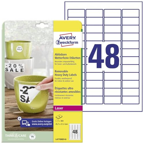 AVERY Zweckform L4778REV-8 Wetterfeste Folienetiketten (384 Aufkleber, 45,7x21,2mm auf A4, selbstklebend, wasserfest, wiederablösbar, strapazierfähig, bedruckbare Outdoor Klebefolie) 8 Blatt, weiß