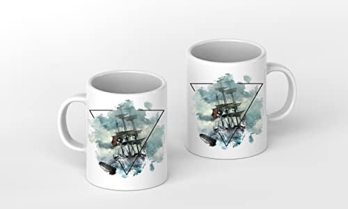deyoli Barco en tiempo tormentoso en barco como taza de 3 esquinas, 300 ml, de cerámica blanca, maravilloso como regalo o su nueva taza favorita