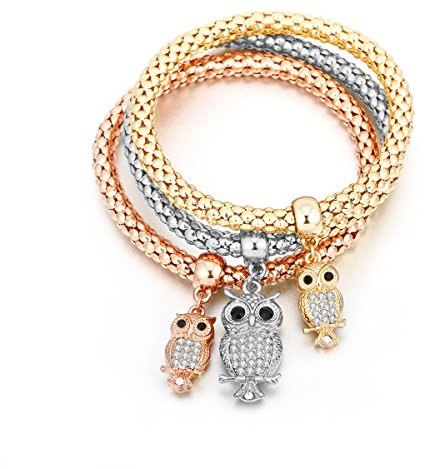 Ouran Frauen Bettelarmband Stretch Mais Kette Armreif Eule Anhänger Freundschaftsarmband Armreif für Mädchen mit CZ Kristall (Mehrere Farben)