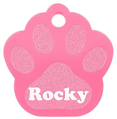GRAVURZEILE Aluminium Hundemarke mit Gravur - Großes Pfoten Motiv - Personalisiert mir Namen, Symbol & Telefonnummer - wählbare Farbe - für Hunde & Katzen - Größe 3,4 x 3,5 cm - Farbe: Rosa