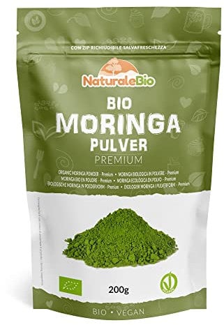 NaturaleBio Moringa Oleifera Ecológica en Polvo - Grado Premium - 200g. Organic Powder. Bio, Natural y Pura. Hojas Recogidas de la Planta de Moringa Oleífera.