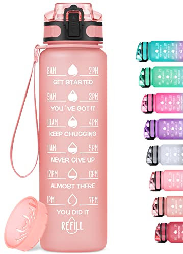 Bouteille d'eau - MEITAGIE 1 L Gourde Reutilisable, Sport Gourde en Plastique Tritan sans BPA, avec Filtre et Marqueur de Temps, pour Enfant et Adultes, Maison et Extérieur, Rose