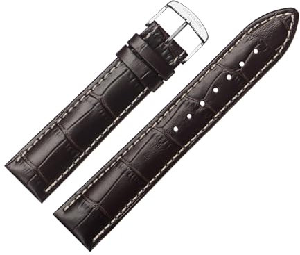 Stailer Uhrenarmband mit Edelstahl-Metallschließe - Aus echtem, hochwertigem Leder mit Alligatorprägung - 21mm - Ersatzarmband für Uhren - Für Damen und Herren - Braun mit weißer Naht