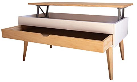 LoMasCasa Couchtisch aus der Sonka-Kollektion, höhenverstellbar, mit ausziehbarer Schublade aus natürlichem Massivholz, erhältlich in Holzfarbe, weiße Basis mit konischem Bein, 100 x 50 x 48 cm