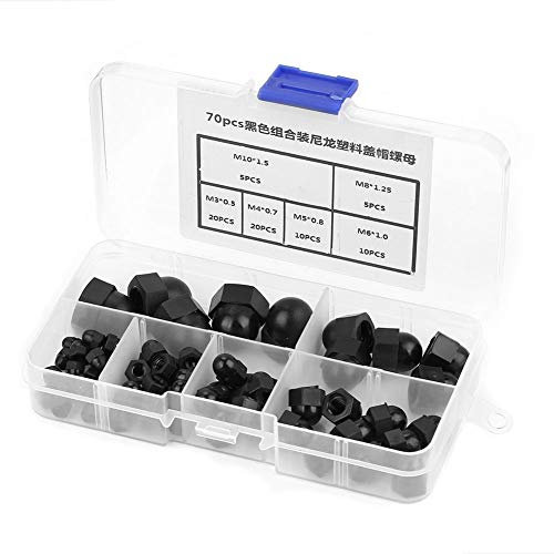 Hutmuttern, Sechskantmuttern, Sortiment M3/M4/M5/M6/M8/M10, Nylon, Hutmuttern, Kuppelkopf, Sechskantmuttern, schwarz, 70 Stück