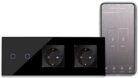 CNBINGO Interruptor de luz inteligente WiFi/WLAN con enchufe doble, táctil con Alexa/Google Home, Smart Light Switch 2 bandas de 1 vía de 16 Amp Negro - No se requiere una escalera neutral