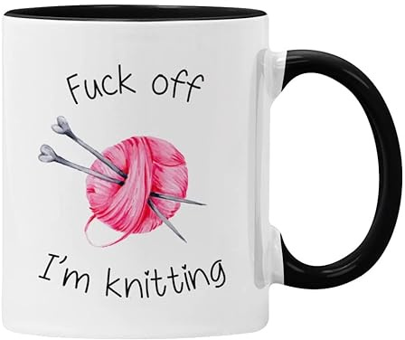 F**k Off I'm Knitting Mug Gift for Her, Funny Profanity Cup (Black)