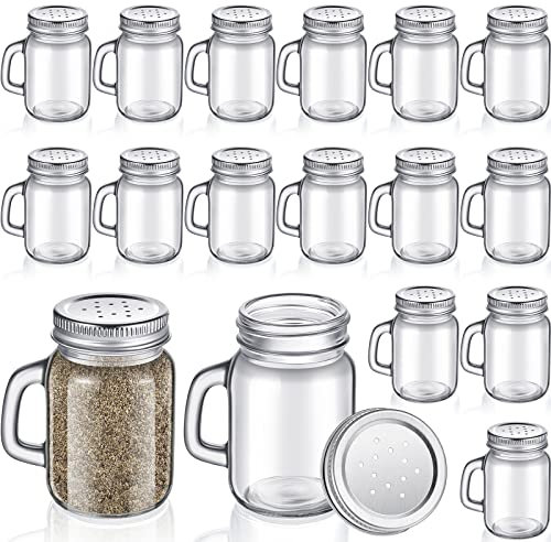 12 Pieces Salt and Pepper Shaker Clear Glass Mason Jar Mini Salt Shaker with Metal Lid Pepper Shakers Set with Handles for Kitchen Table, Drinkware, Rustic Home Decor and Gifts, 4 Oz