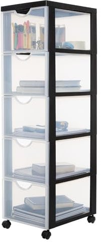 Iris Ohyama Unidad de almacenamiento de plástico con ruedas y 5 cajones profundos, Negro, asas de fácil extracción, multiusos, A4, A5, para oficina, hogar, escuela, Torre, Organizador, DDDC-305