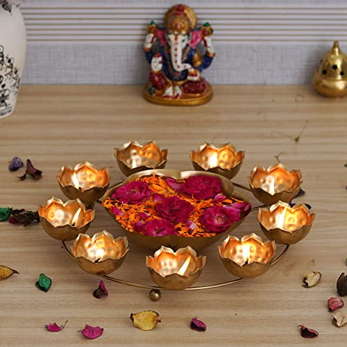 Webelkart Urli-Schale in Lotusform, Diya-Form für Heim- und Pooja-Dekorationen, 9 Teelichthalter, für Zuhause und Büro, 30,5 cm, Gold, Diwali-Kerzenhalter