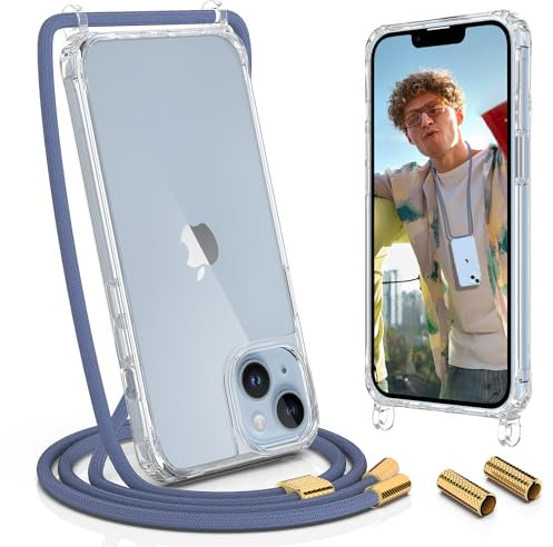 UYMO Handykette Hülle mit Band Für iPhone 14 6.1 - Necklace Transparent Handyhülle Case mit Schnur Abnehmbar,Schutzhülle zum Umhängen Kordel,blau