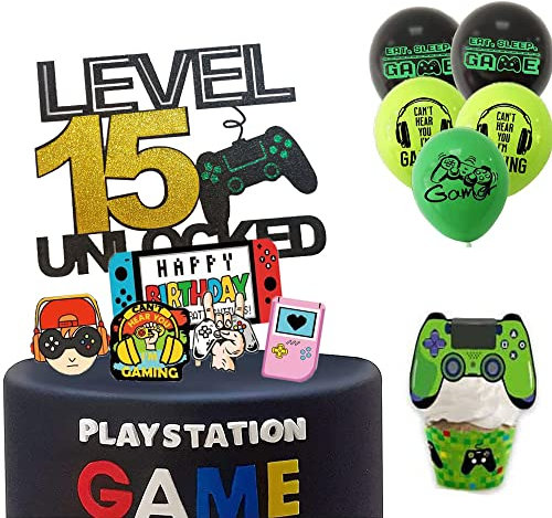 ZELAITE 15th Geburtstag Kuchen Deko Cake Topper Happy Birthday, Tortendeko Geburtstag Junge Videospiel Torten Deko Gaming, Kuchen Deko Video Gaming Spiel, Kuchen Dekorationen für Jungs (15)