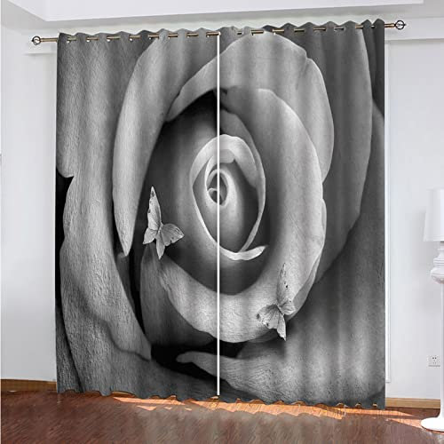 ELGISI Rideau Occultant Thermiques pour Salon Et Chambre 170X200Cm（L X H） 3D Impression Roses Grises Rideaux Occultants A Oeillets - Isolant Thermique Et Phonique, Lot De 2 Panneaux
